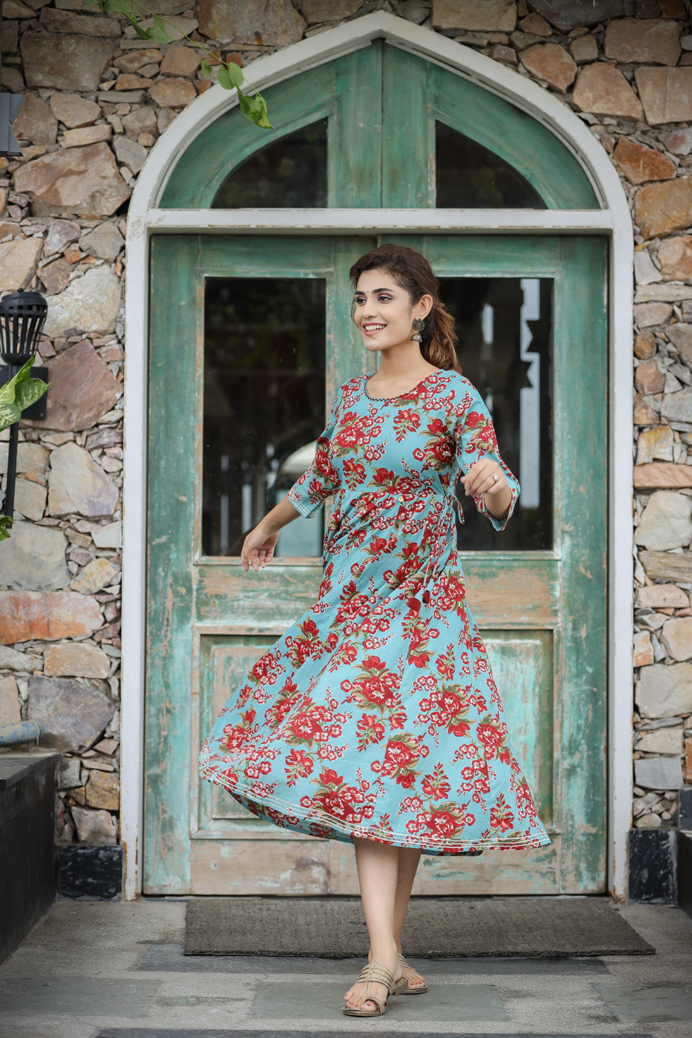 Kaajh Women's Turquoise Floral Printed Cotton Ethnic Dress