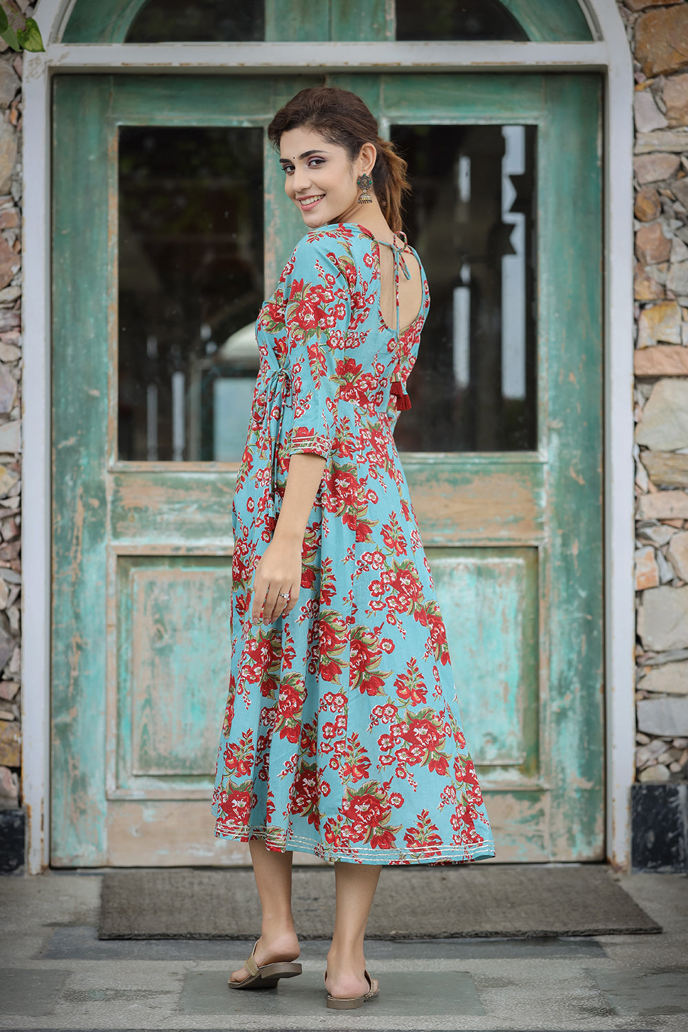 Kaajh Women's Turquoise Floral Printed Cotton Ethnic Dress