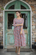 Kaajh Women's White Blue Floral Printed Cotton Ethnic Dress