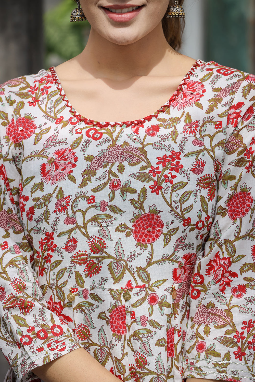 Kaajh Women's White Red Floral Printed Cotton Ethnic Dress
