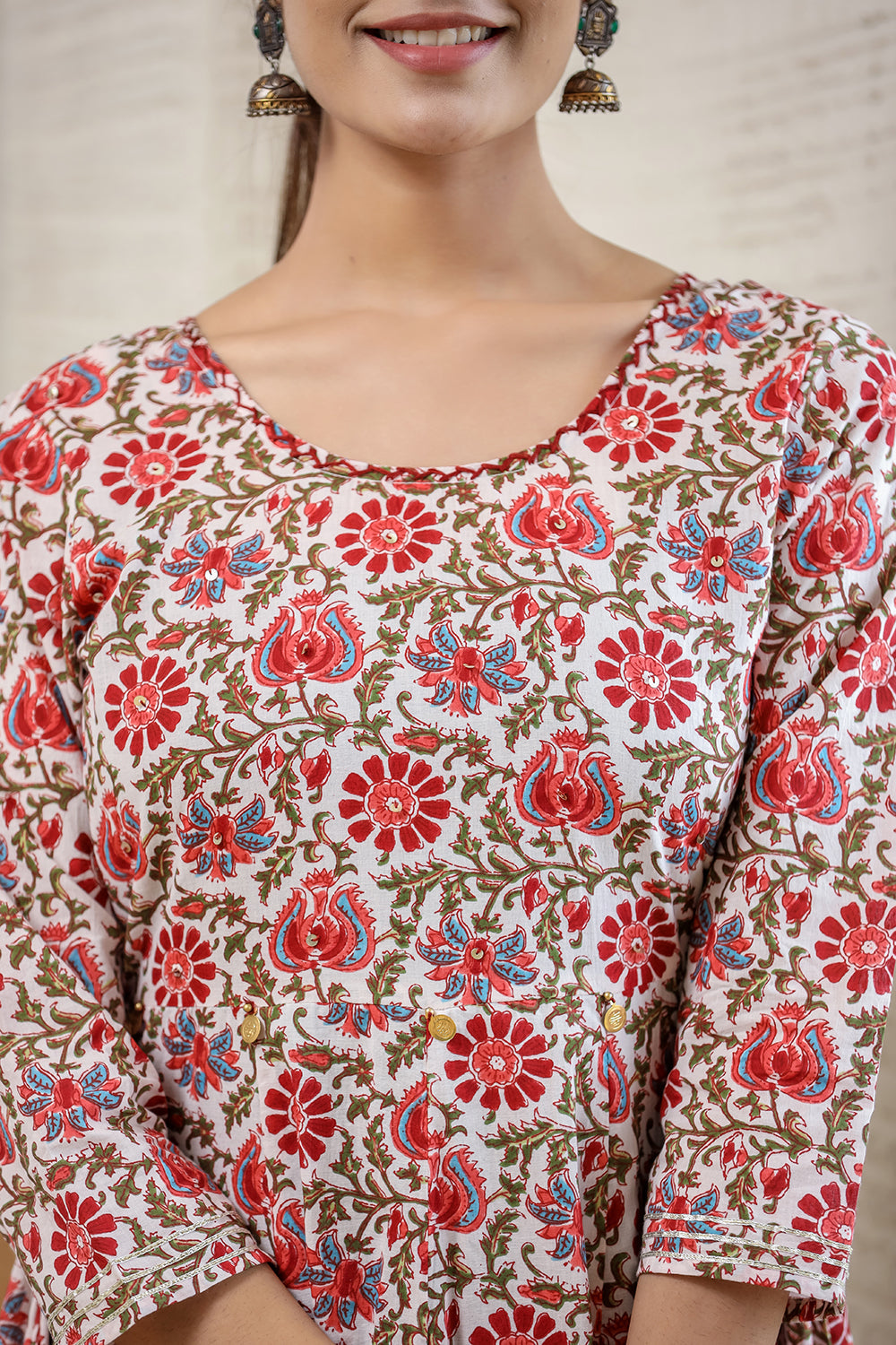 Kaajh Women's White Green Floral Printed Cotton Ethnic Dress