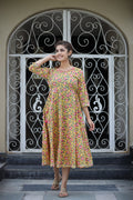 Kaajh Women's Yellow Floral Printed Cotton Ethnic Dress