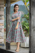 Kaajh Women's Green Pink Floral Printed Cotton Ethnic Dress