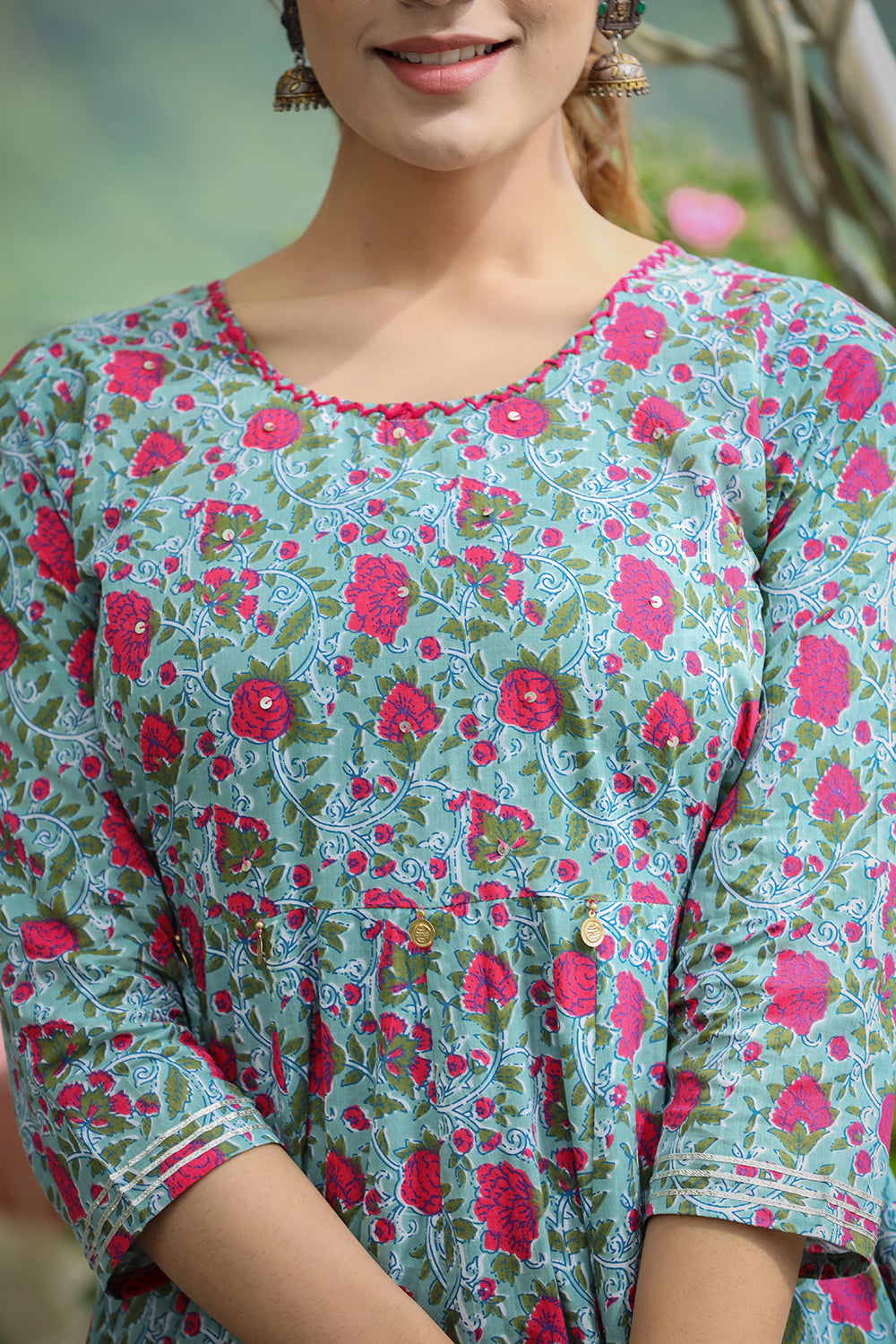 Kaajh Women's Green Pink Floral Printed Cotton Ethnic Dress