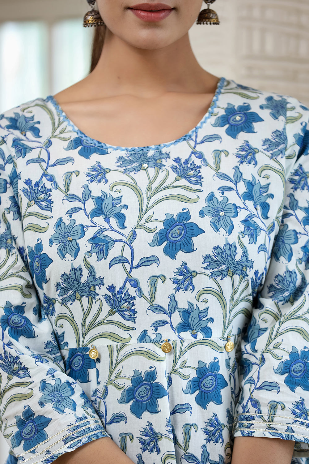Kaajh Women's Blue Green Floral Printed Cotton Ethnic Dress