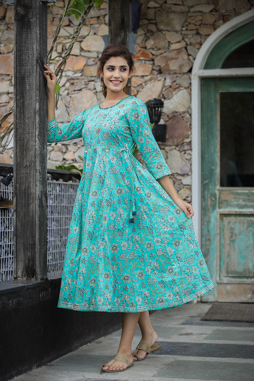Kaajh Women's Sea Green Floral Printed Cotton Ethnic Dress