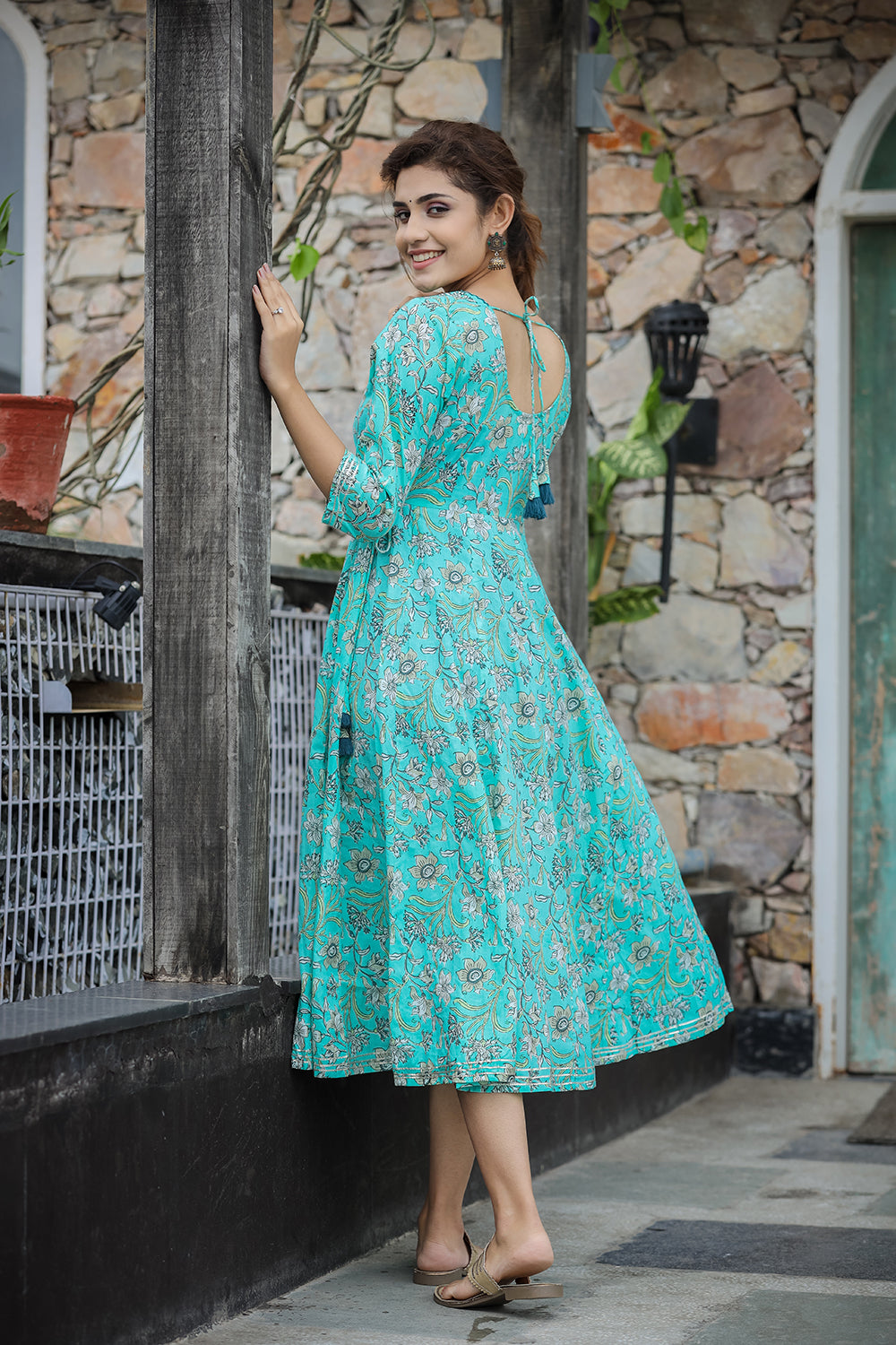 Kaajh Women's Sea Green Floral Printed Cotton Ethnic Dress