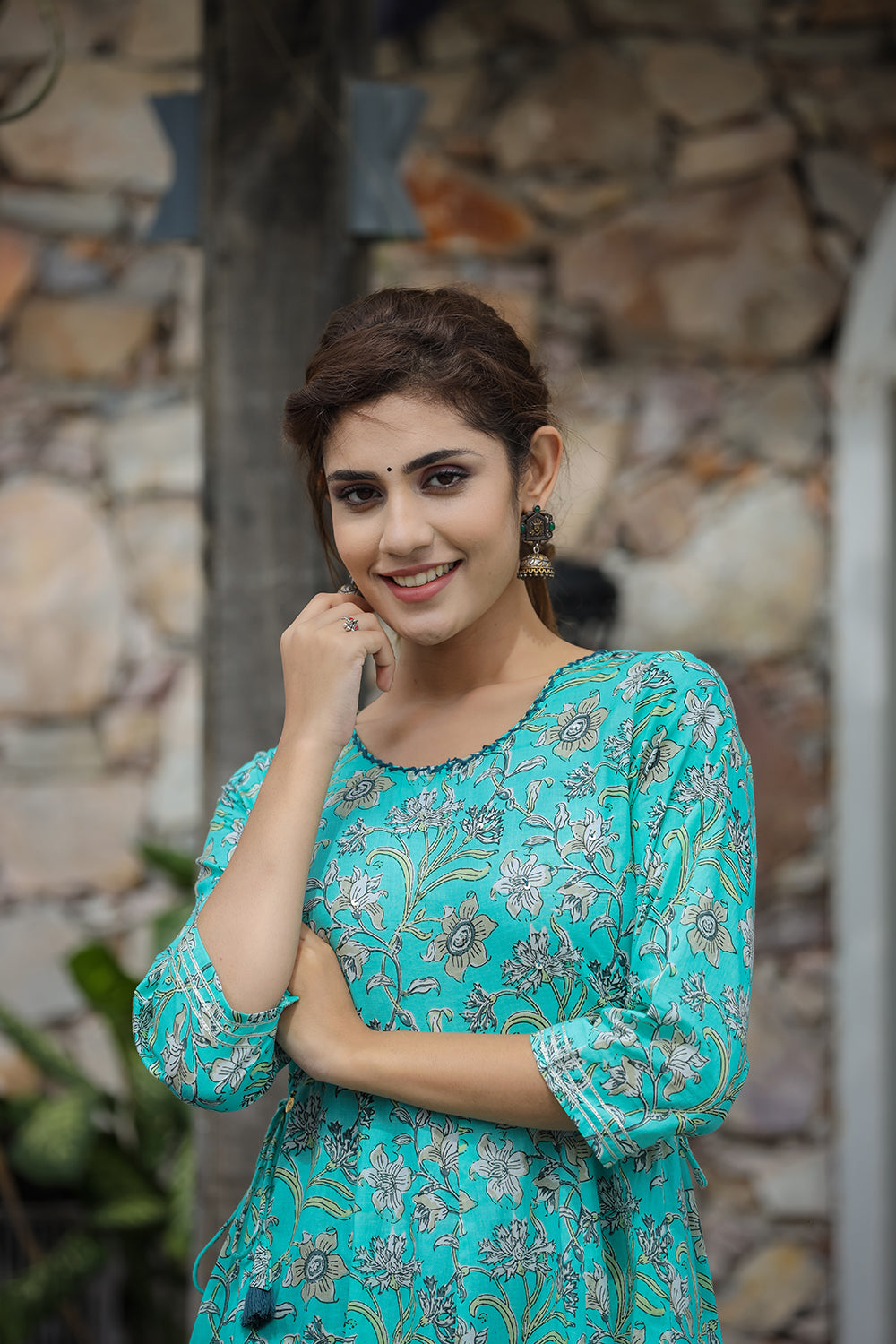 Kaajh Women's Sea Green Floral Printed Cotton Ethnic Dress
