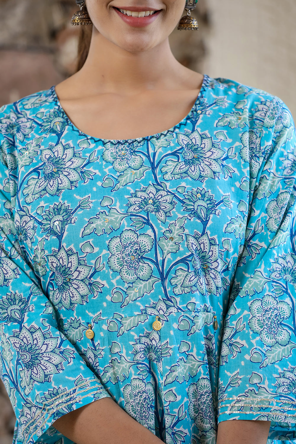 Kaajh Women's Sky Blue Floral Printed Cotton Ethnic Dress