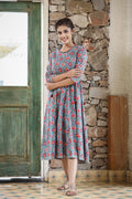 Kaajh Women's Blue Red Floral Printed Cotton Ethnic Dress
