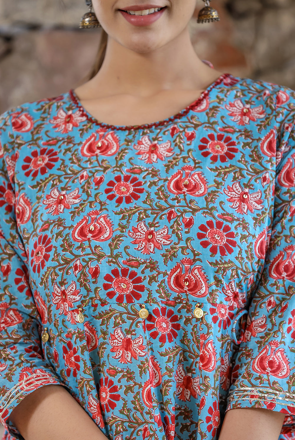 Kaajh Women's Blue Red Floral Printed Cotton Ethnic Dress