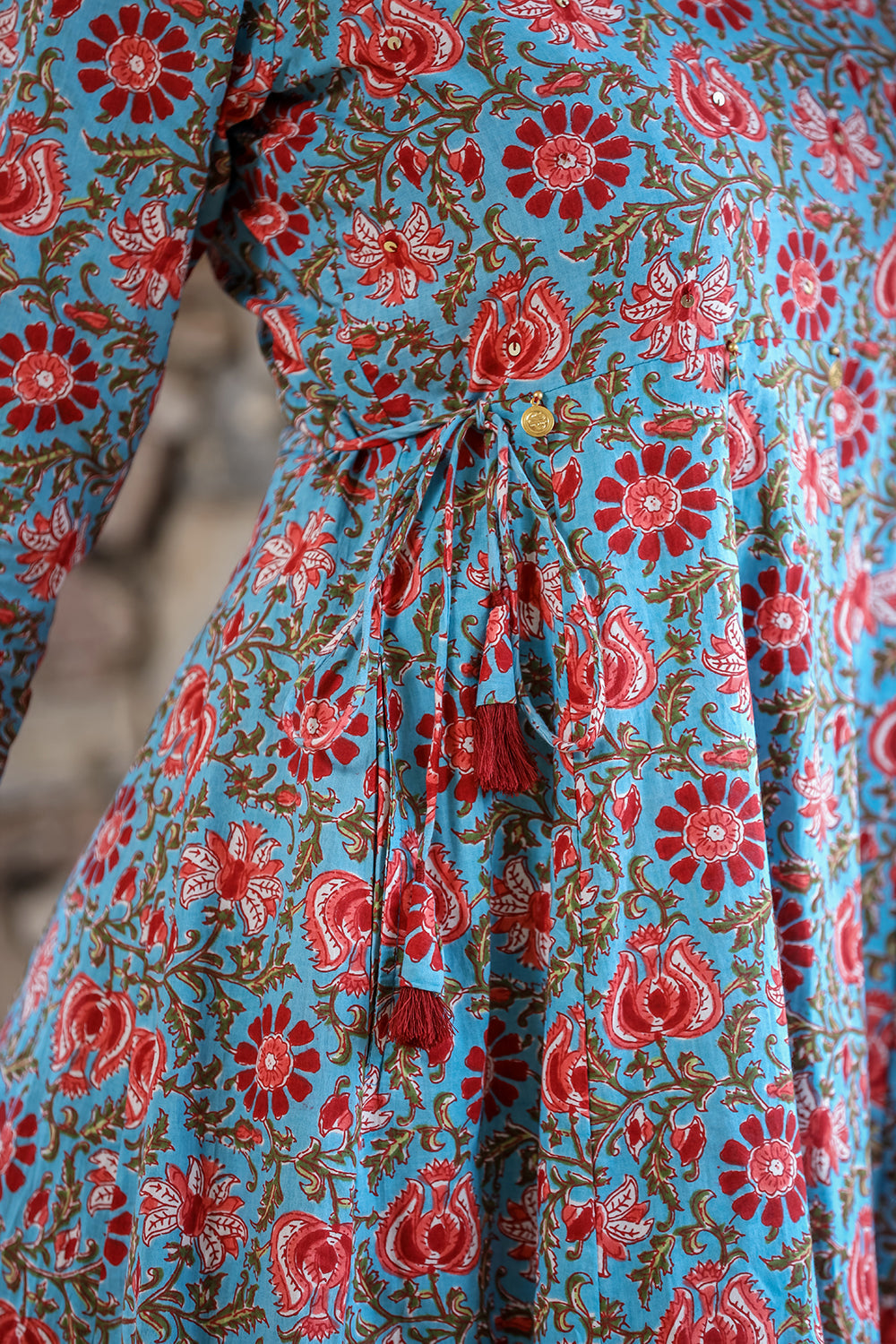 Kaajh Women's Blue Red Floral Printed Cotton Ethnic Dress
