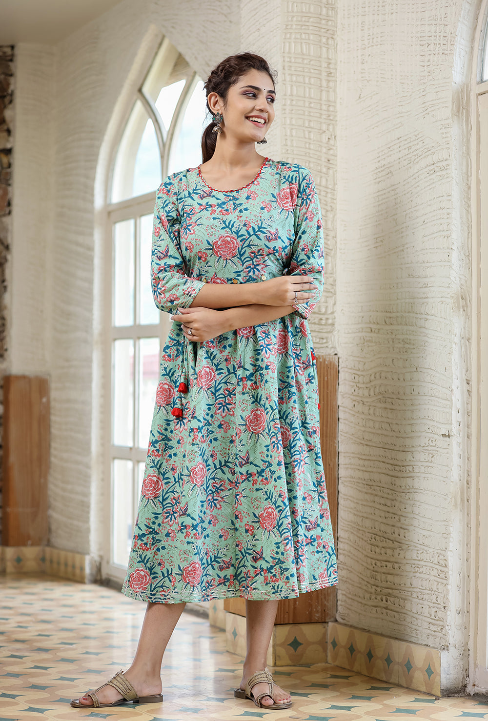 Kaajh Women's Light Green Floral Printed Cotton Ethnic Dress