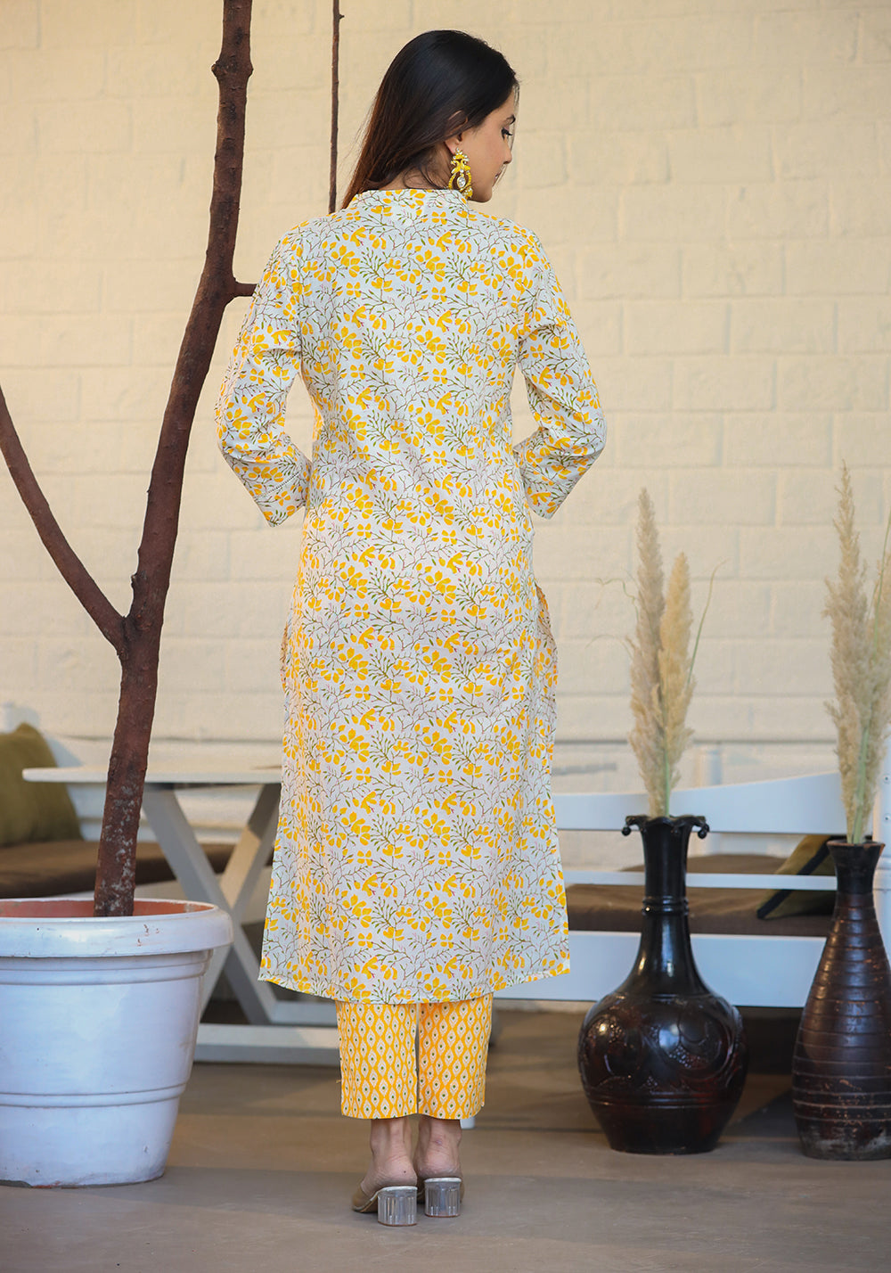 Kaajh Woman's Yellow Ethnic Print Cotton Kurta Pant Set With Dupatta