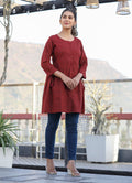 Kaajh Maroon Printed Shirt Style Cotton Tunic