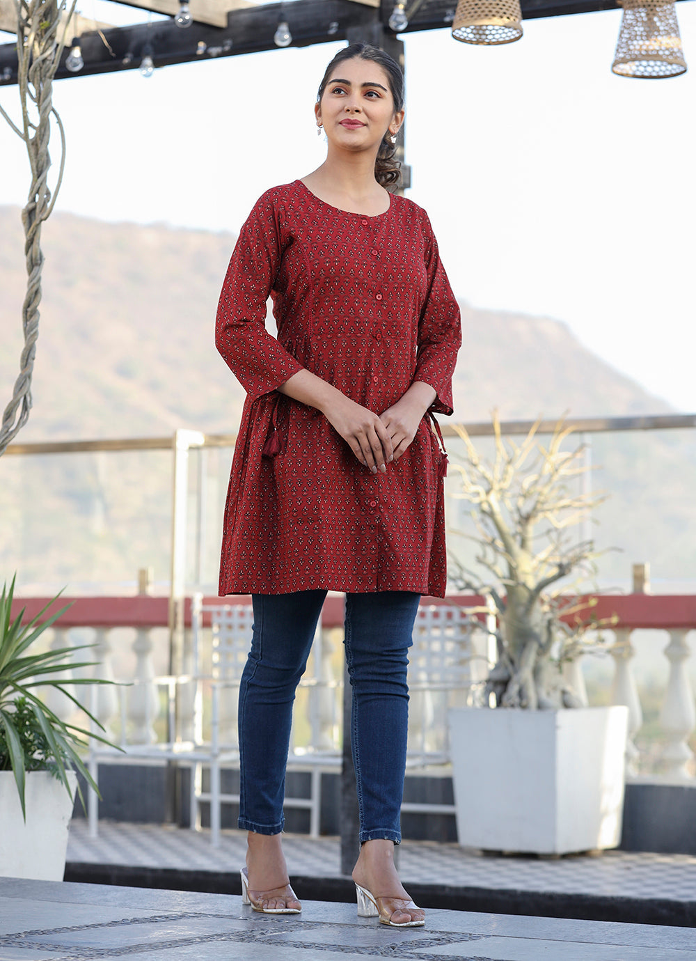 Kaajh Maroon Printed Shirt Style Cotton Tunic