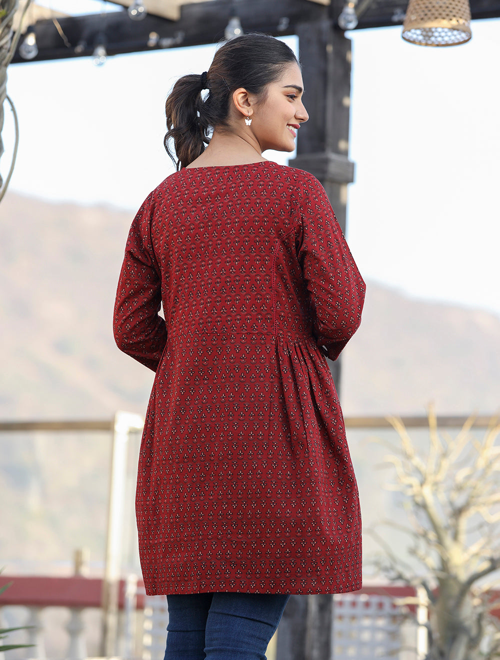 Kaajh Maroon Printed Shirt Style Cotton Tunic