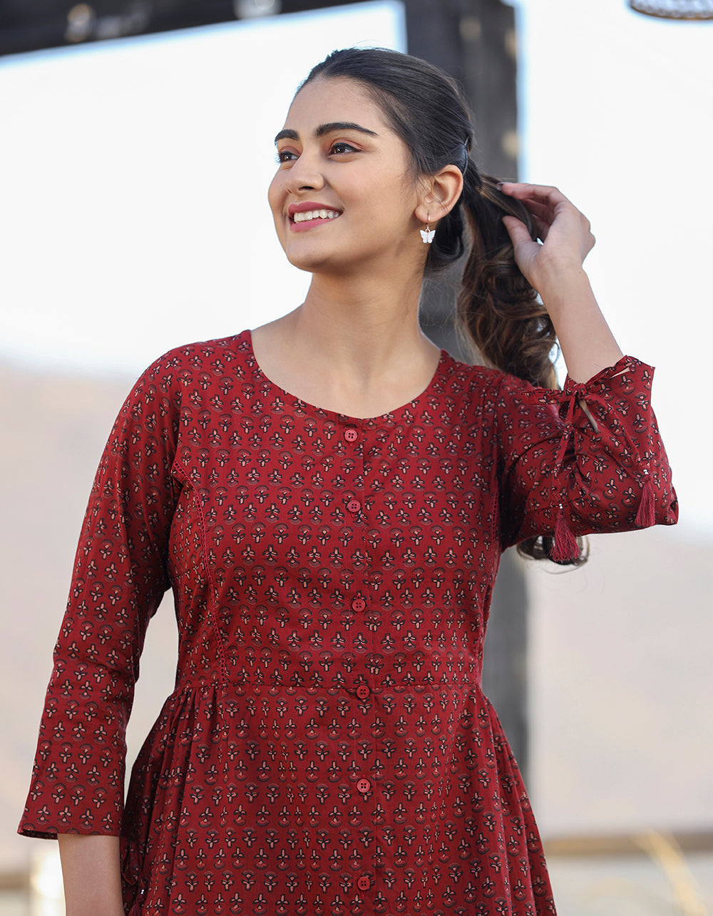 Kaajh Maroon Printed Shirt Style Cotton Tunic