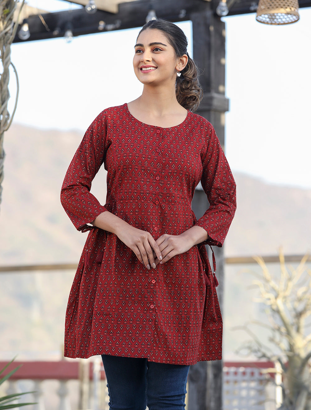 Kaajh Maroon Printed Shirt Style Cotton Tunic