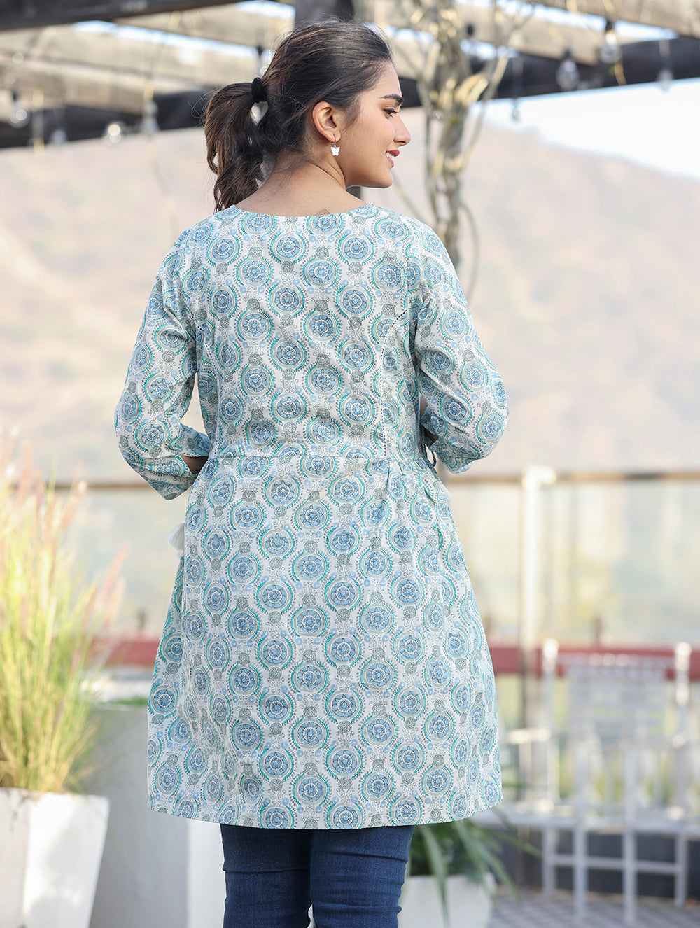 Kaajh Off White Green Printed Shirt Style Cotton Tunic
