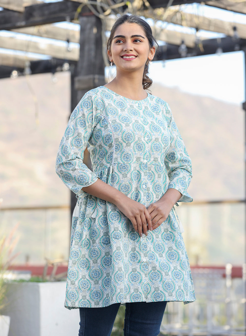 Kaajh Off White Green Printed Shirt Style Cotton Tunic