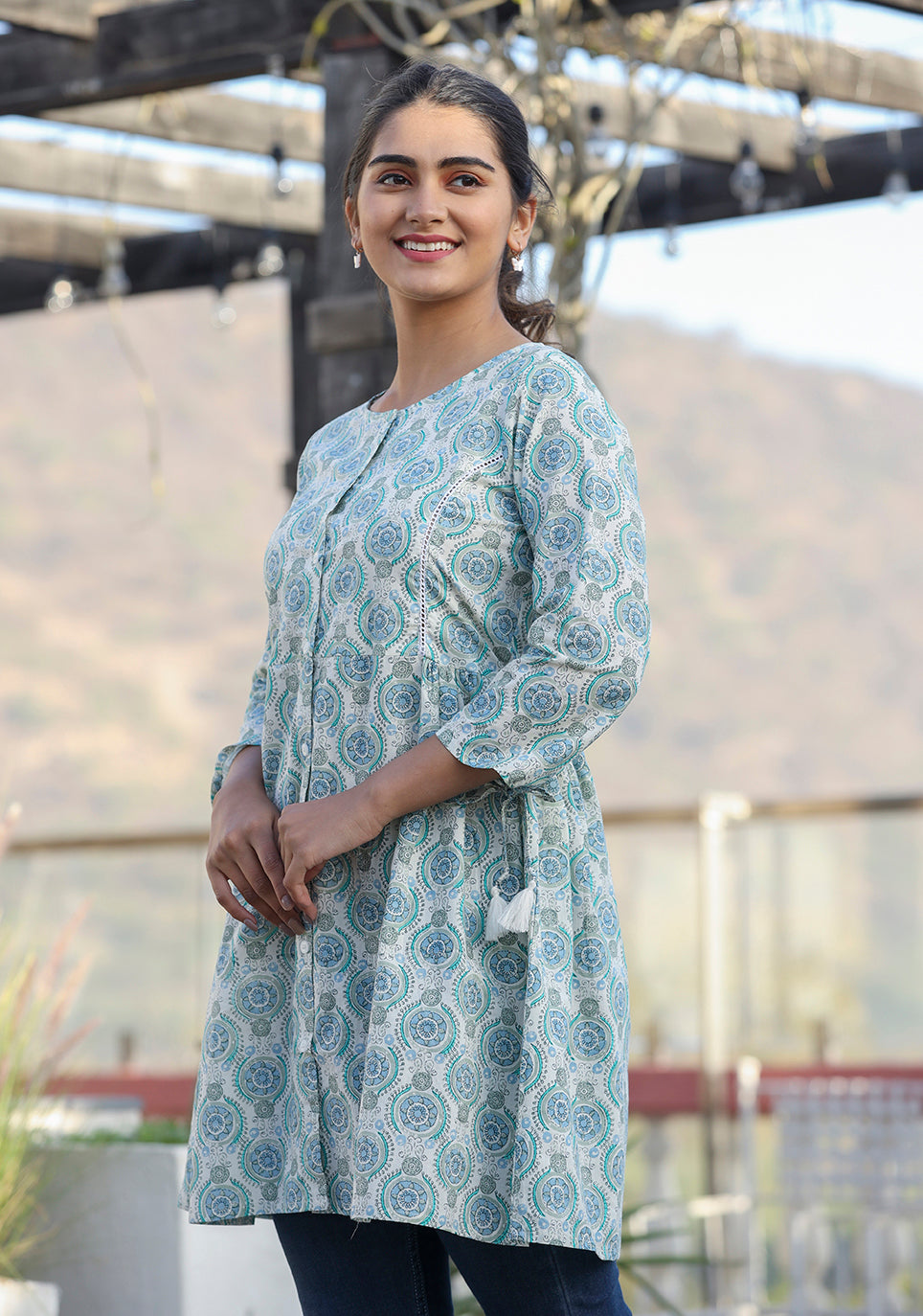 Kaajh Off White Green Printed Shirt Style Cotton Tunic