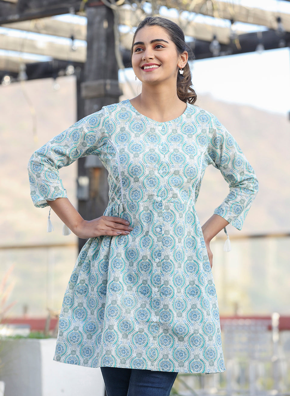 Kaajh Off White Green Printed Shirt Style Cotton Tunic