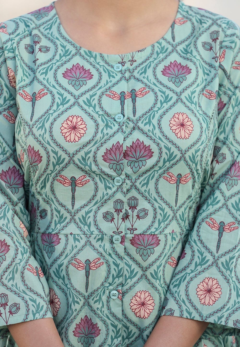 Kaajh Green Motif Printed Shirt Style Cotton Tunic
