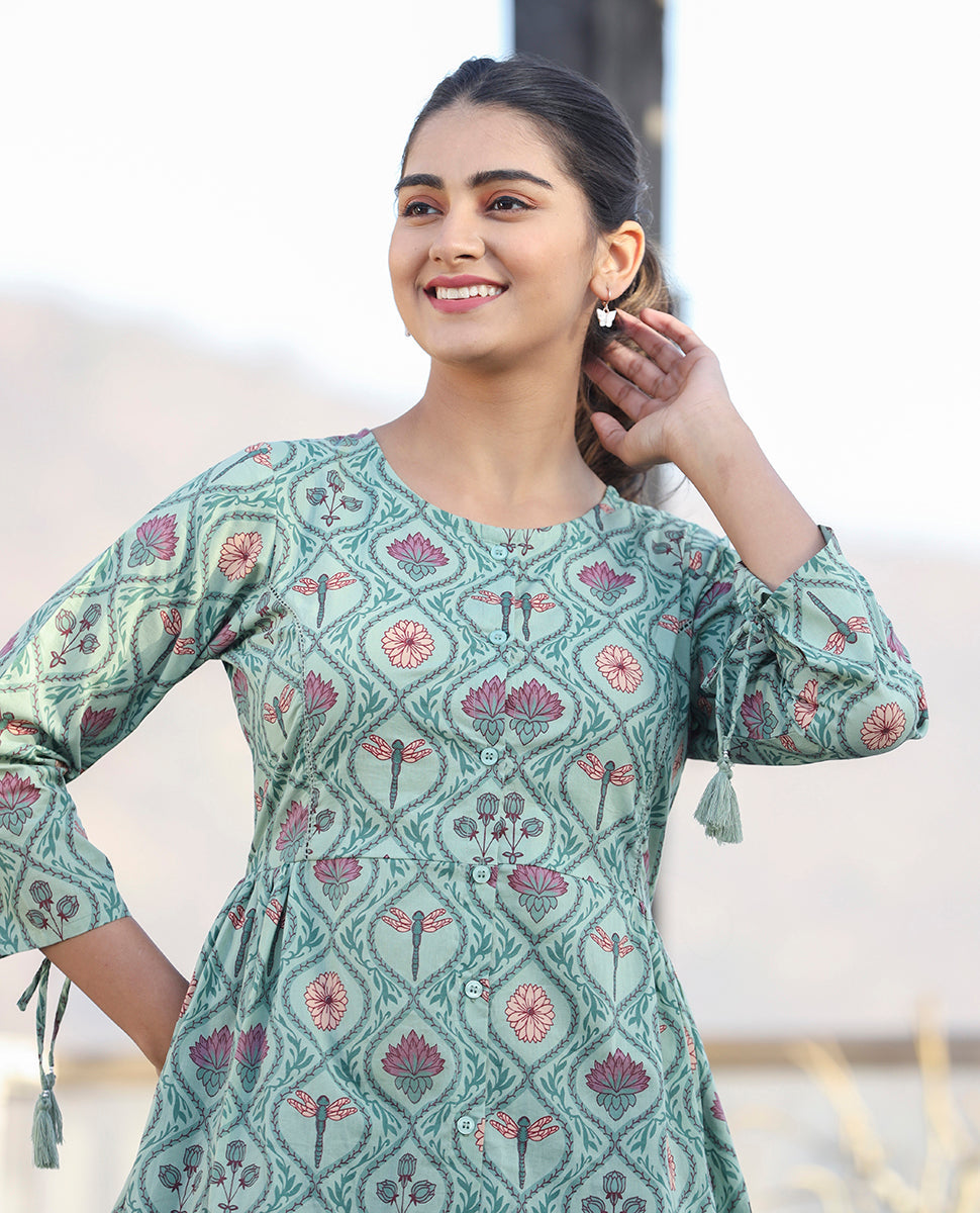 Kaajh Green Motif Printed Shirt Style Cotton Tunic