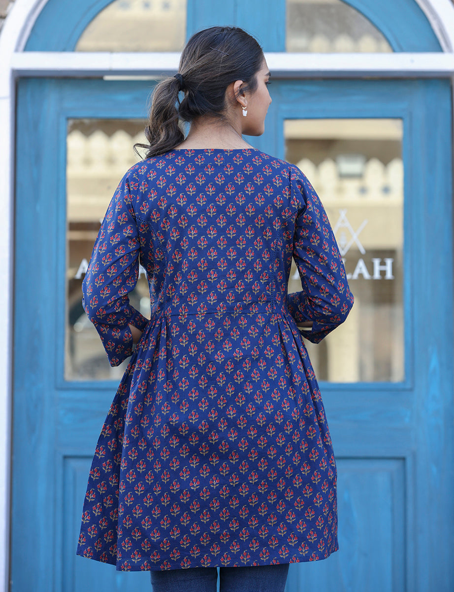 Kaajh Blue Printed Shirt Style Cotton Tunic