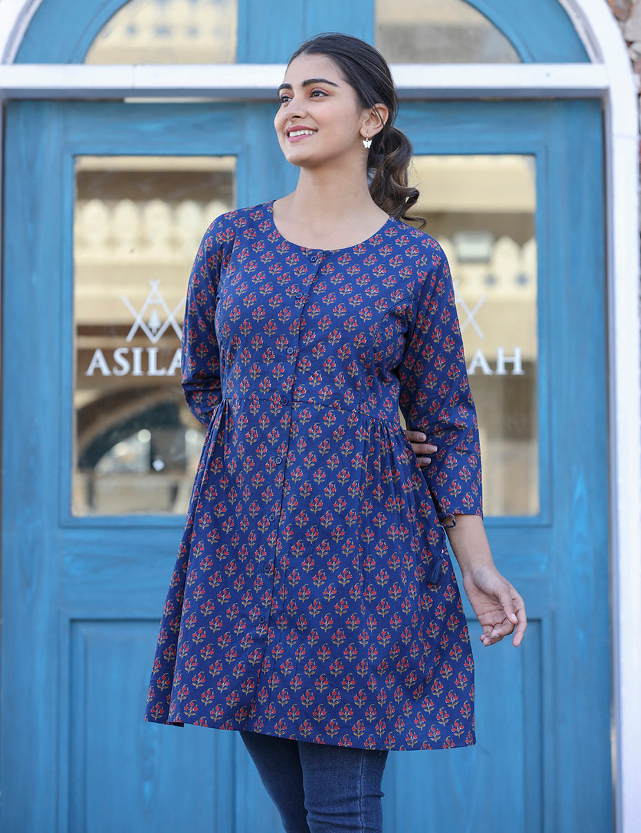 Kaajh Blue Printed Shirt Style Cotton Tunic