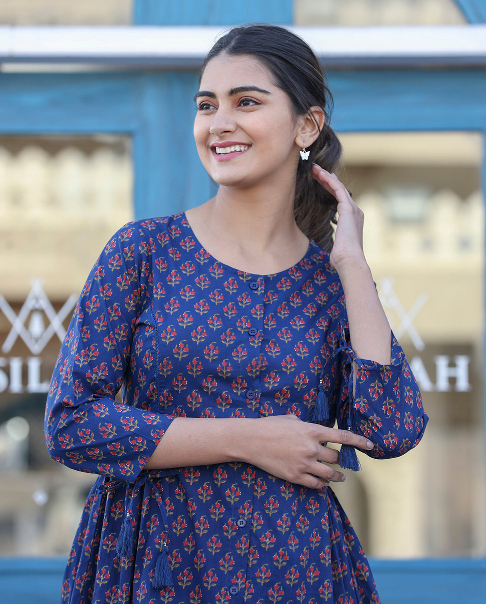 Kaajh Blue Printed Shirt Style Cotton Tunic