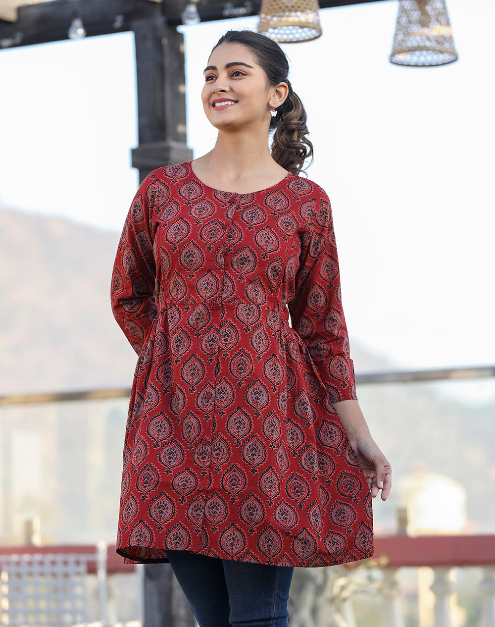 Kaajh Maroon Ajrak Print Cotton Shirt Style Tunic