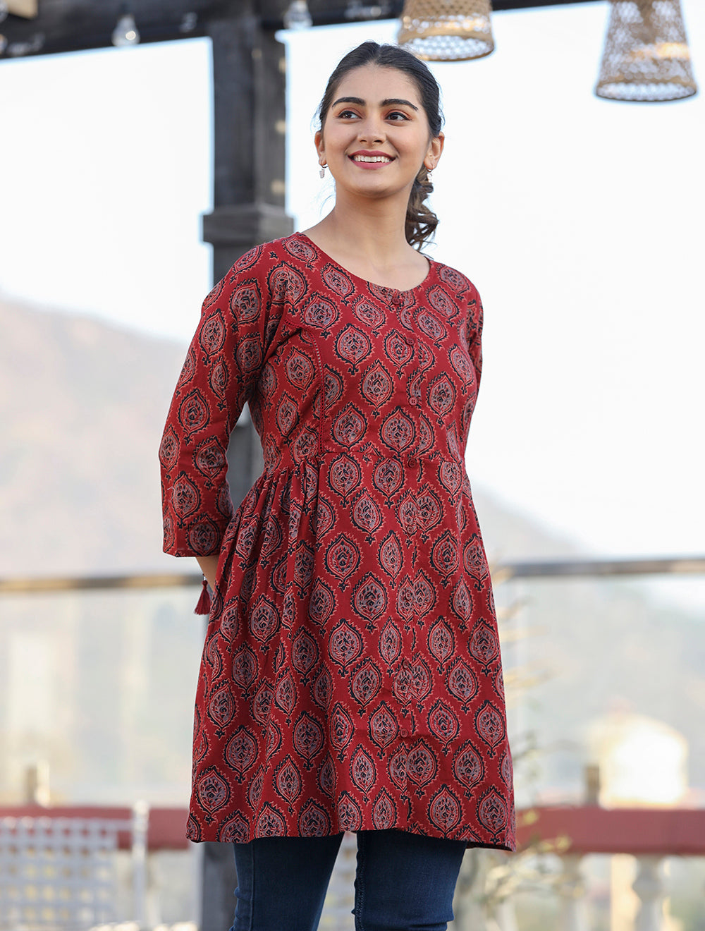 Kaajh Maroon Ajrak Print Cotton Shirt Style Tunic