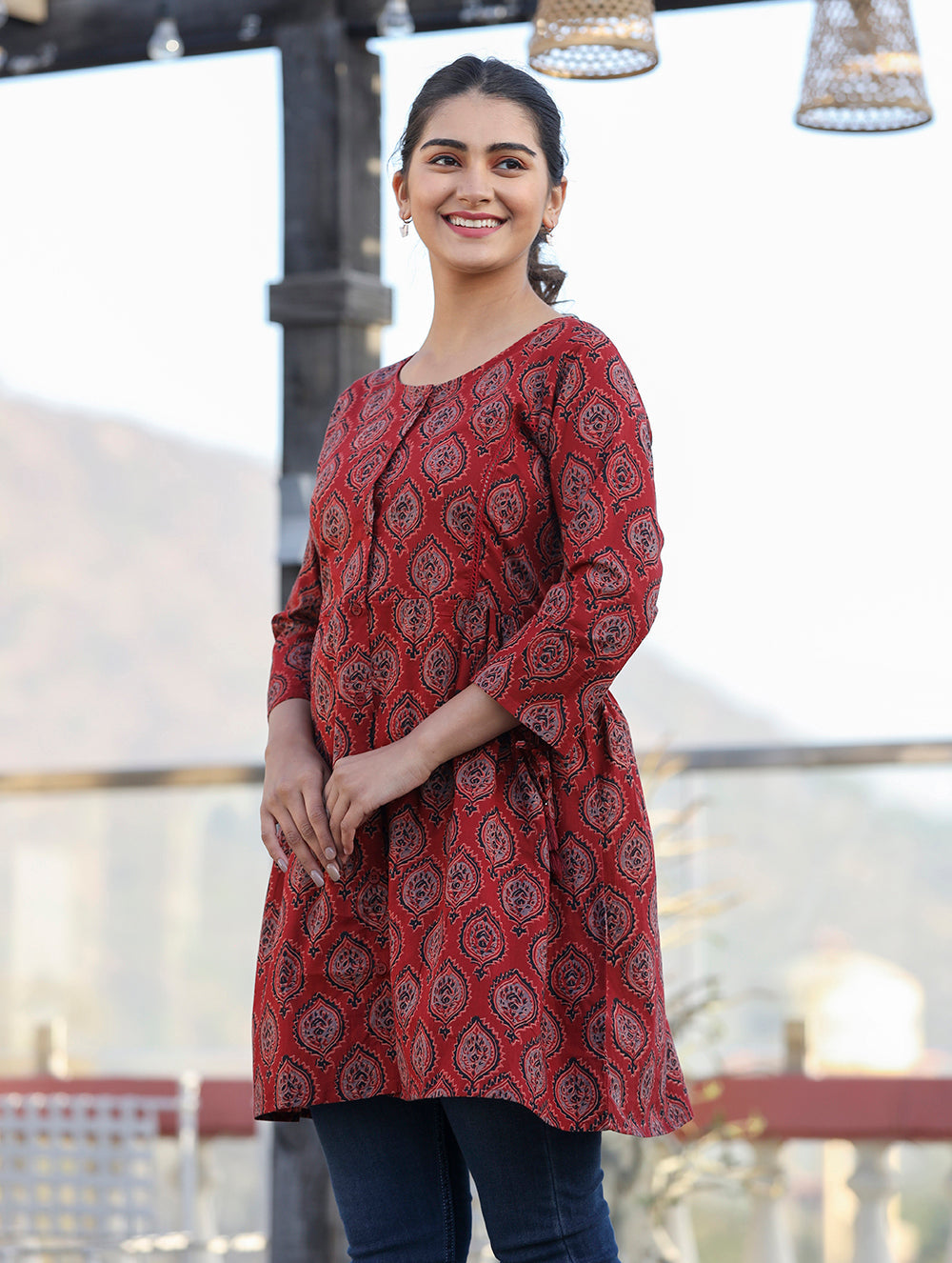 Kaajh Maroon Ajrak Print Cotton Shirt Style Tunic