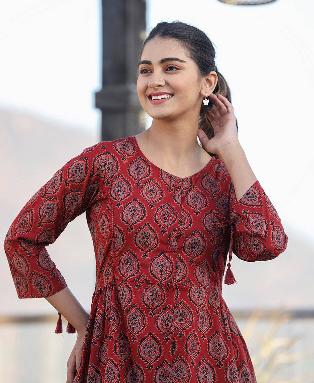 Kaajh Maroon Ajrak Print Cotton Shirt Style Tunic