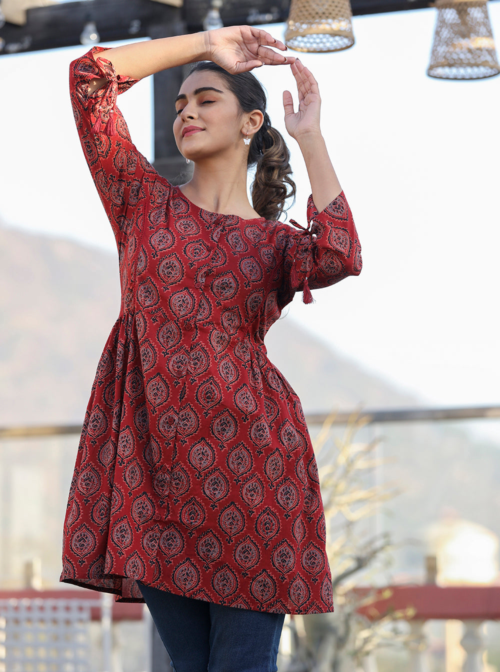 Kaajh Maroon Ajrak Print Cotton Shirt Style Tunic