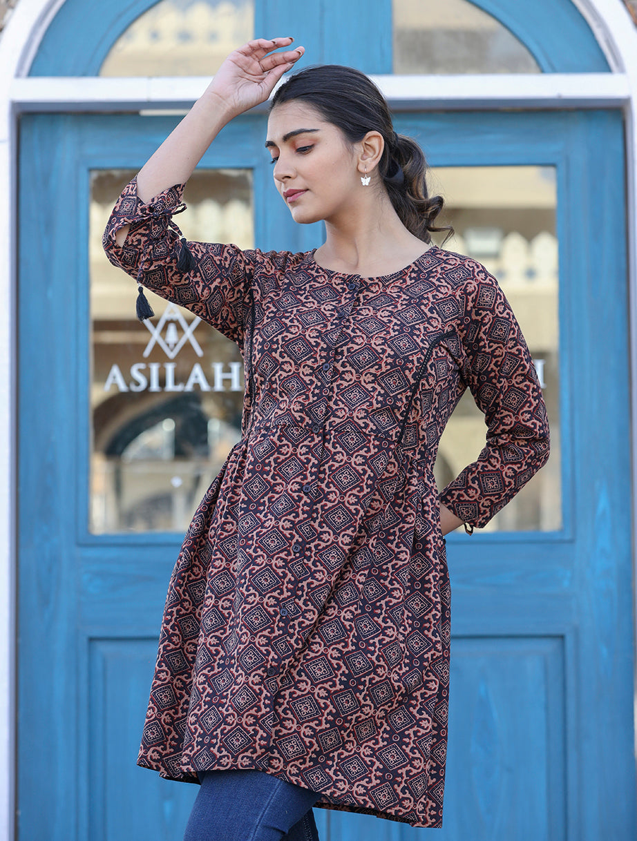 Kaajh Coffee Brown Cotton Shirt Style Tunic