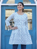 Kaajh White Printed Cotton Shirt Style Tunic Top