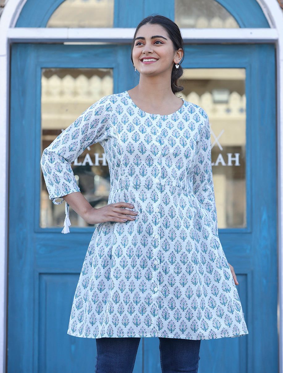 Kaajh White Printed Cotton Shirt Style Tunic Top
