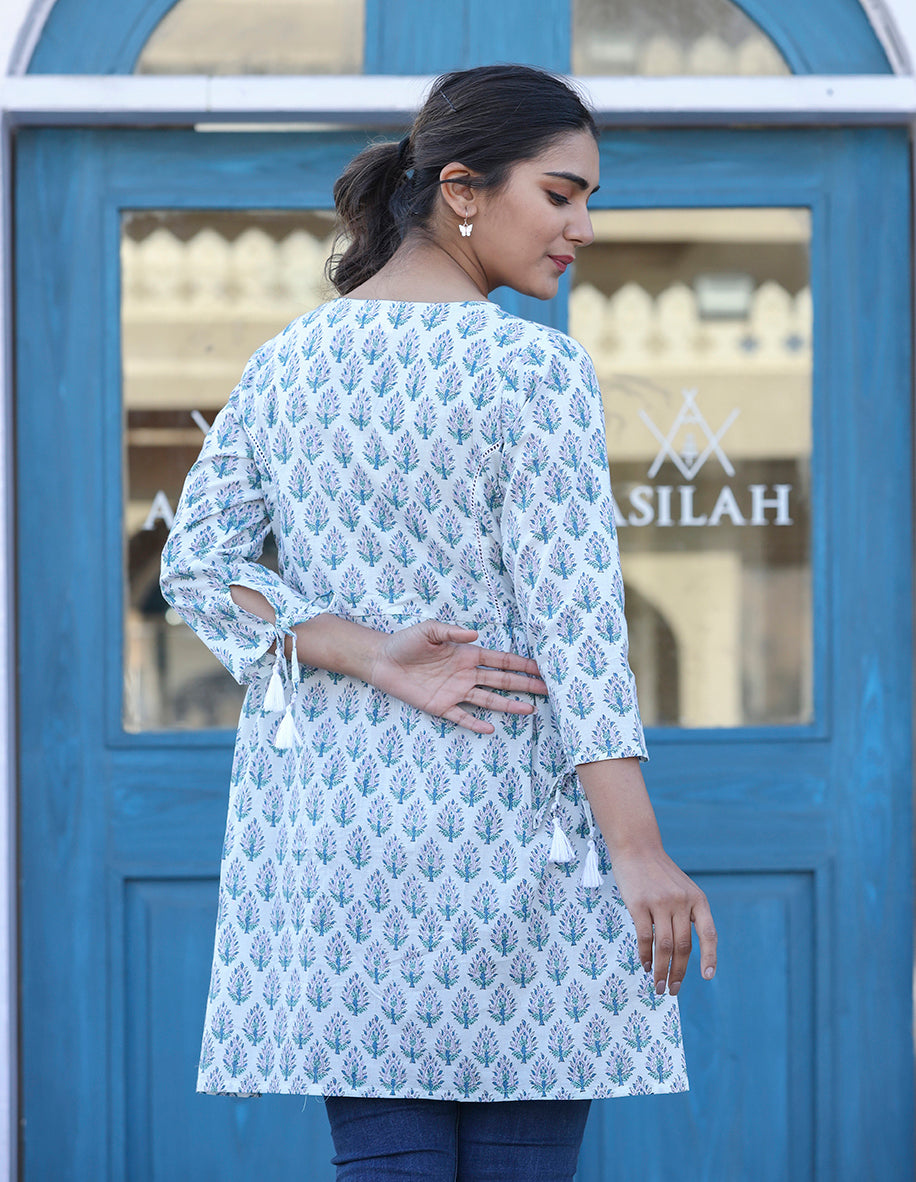 Kaajh White Printed Cotton Shirt Style Tunic Top