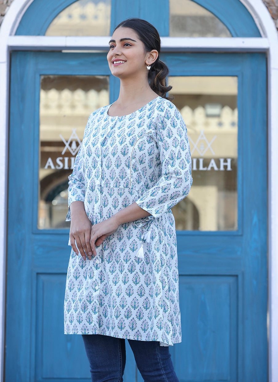 Kaajh White Printed Cotton Shirt Style Tunic Top