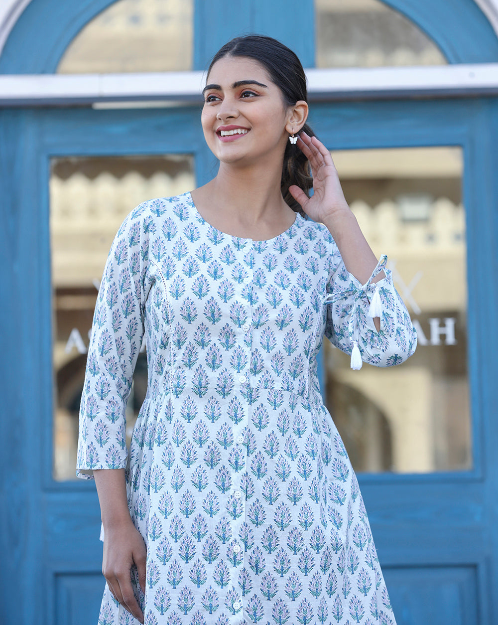 Kaajh White Printed Cotton Shirt Style Tunic Top