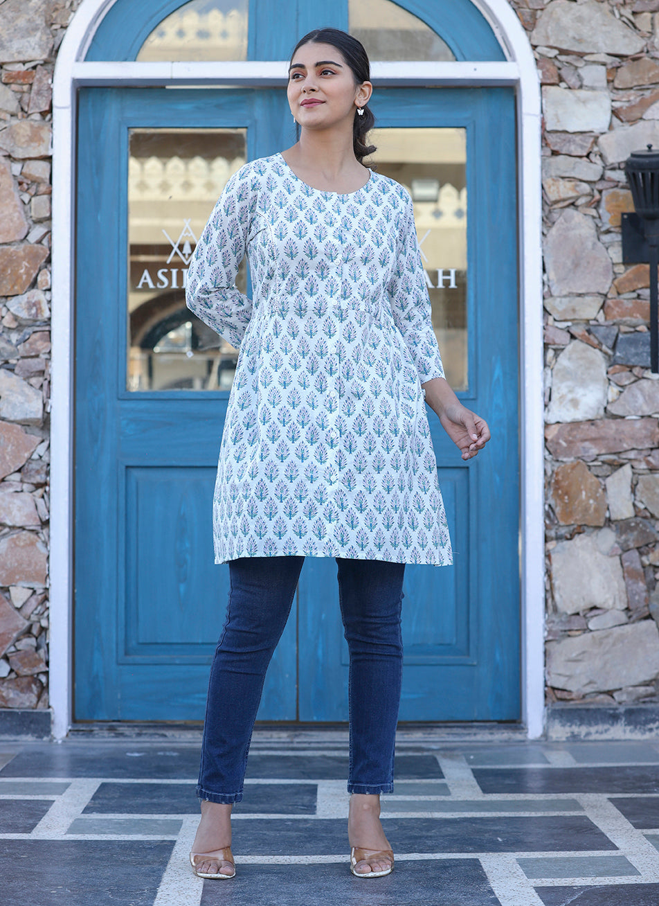 Kaajh White Printed Cotton Shirt Style Tunic Top