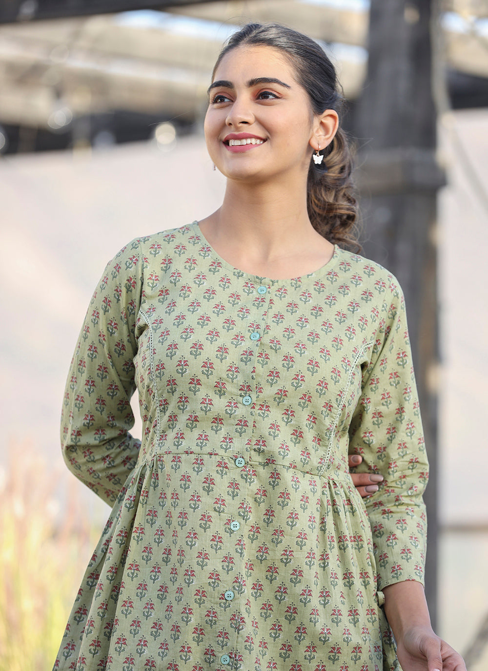 Kaajh Green Printed Cotton Shirt Style Tunic
