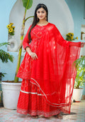 Kaajh Woman's Red Bandhej Cotton Paplum Kurta Sharara With Dupatta