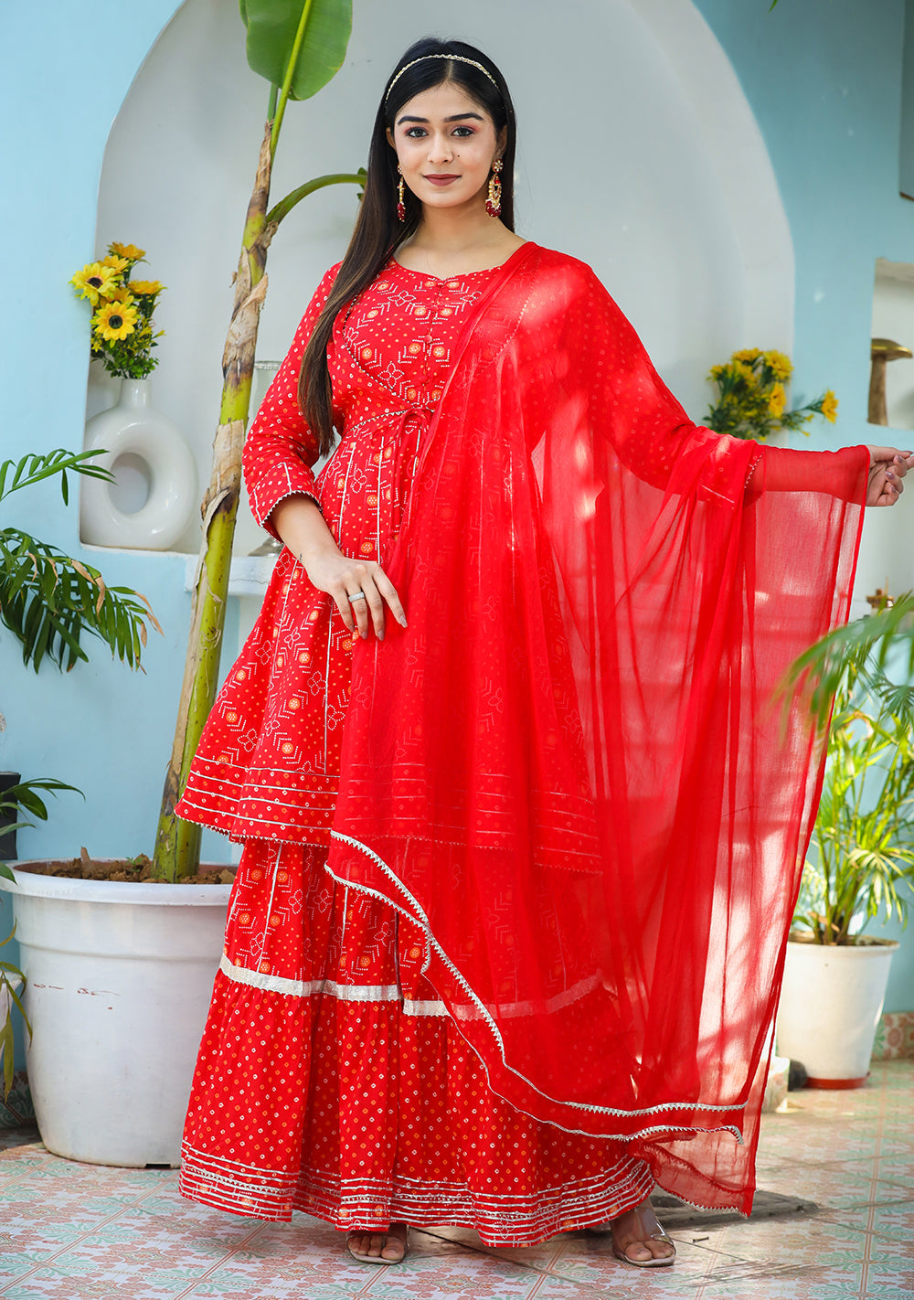 Kaajh Woman's Red Bandhej Cotton Paplum Kurta Sharara With Dupatta