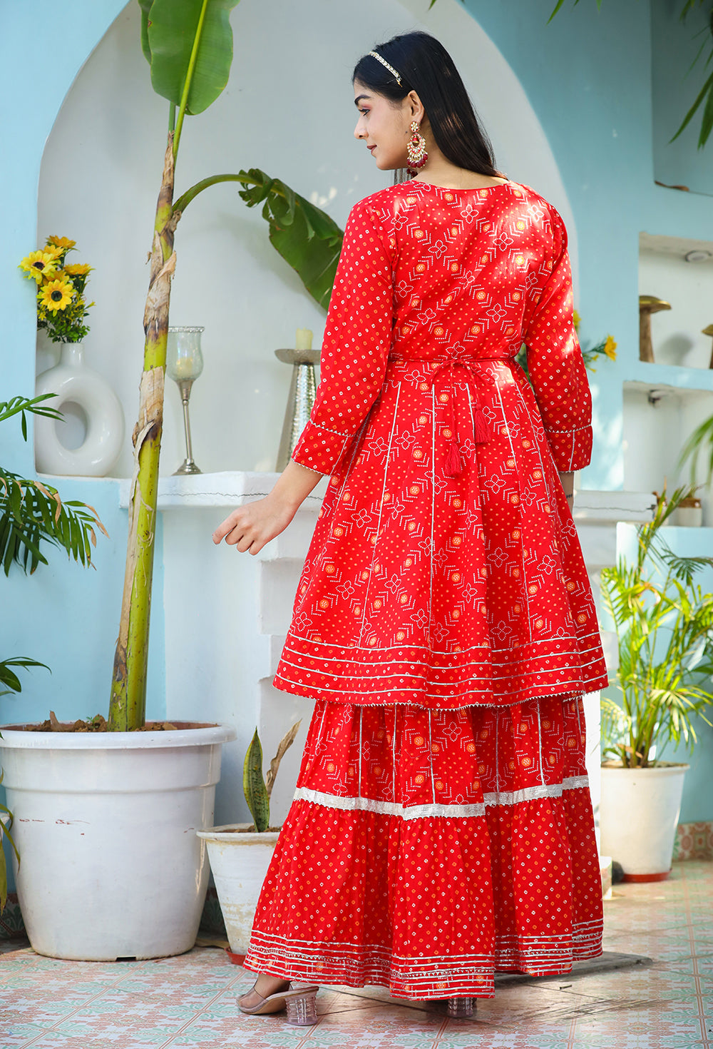 Kaajh Woman's Red Bandhej Cotton Paplum Kurta Sharara With Dupatta