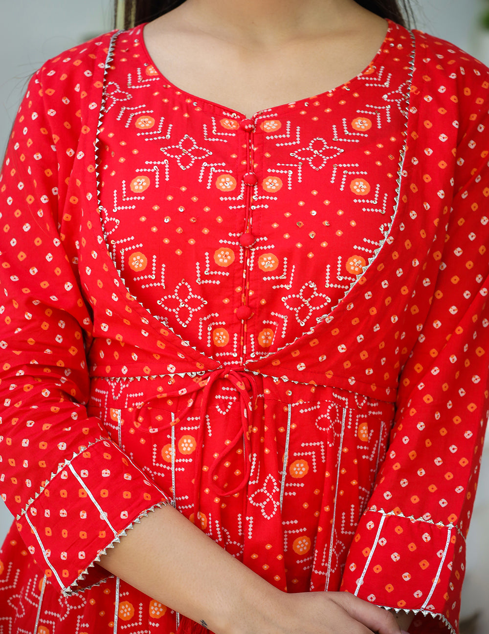 Kaajh Woman's Red Bandhej Cotton Paplum Kurta Sharara With Dupatta