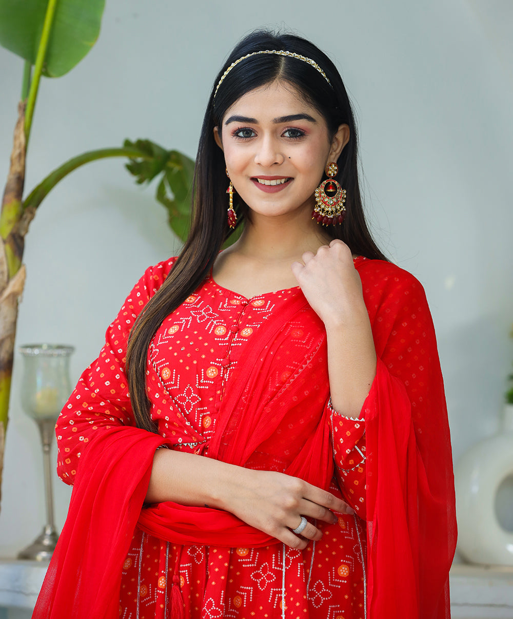 Kaajh Woman's Red Bandhej Cotton Paplum Kurta Sharara With Dupatta